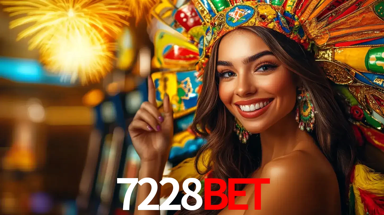 Mulher sorridente com um cocar de carnaval vibrante e colorido, celebrando uma grande vitória nos jogos do cassino 7228bet com fogos de artifício ao fundo.
