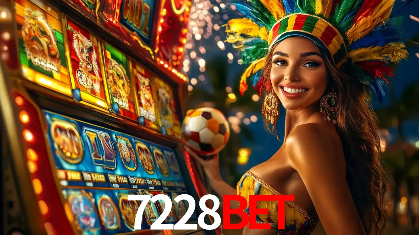 Mulher com um cocar de carnaval ao lado de uma máquina de caça-níqueis enquanto segura uma bola de futebol, mostrando a união da diversão de cassino e esportes no 7228bet.