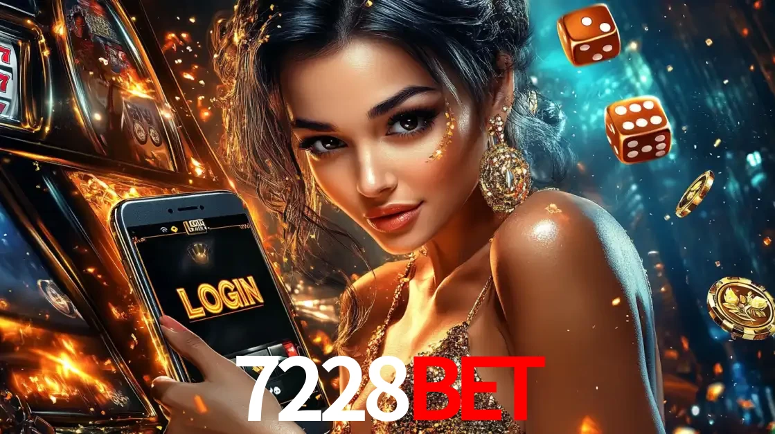Mulher glamourosa segurando um celular com a tela de login do cassino 7228bet, rodeada por dados e moedas douradas, pronta para começar a diversão.