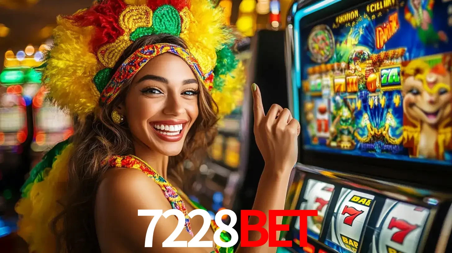Mulher animada com um cocar de carnaval apontando para uma máquina de caça-níqueis, mostrando a emoção de ganhar um grande prêmio nos jogos do 7228bet.