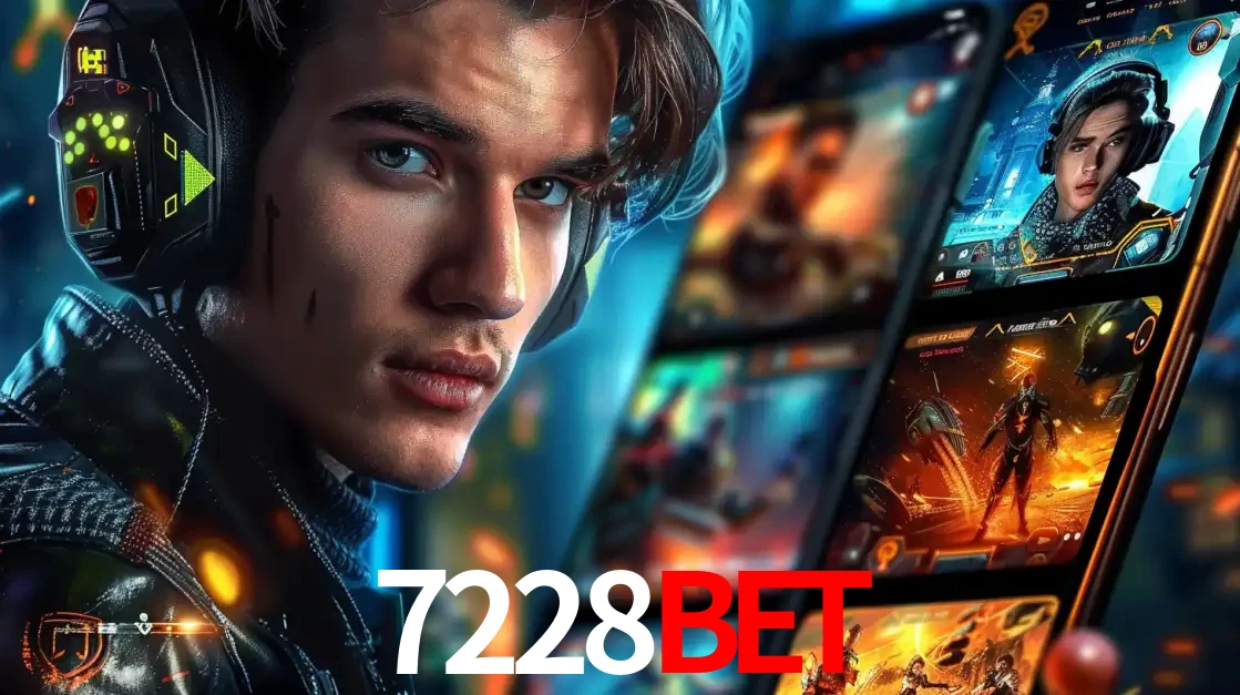 Jovem jogador com fones de ouvido olhando para a câmera, com um aplicativo de jogos e e-sports para celular ao fundo, pronto para a competição e apostas no 7228bet.