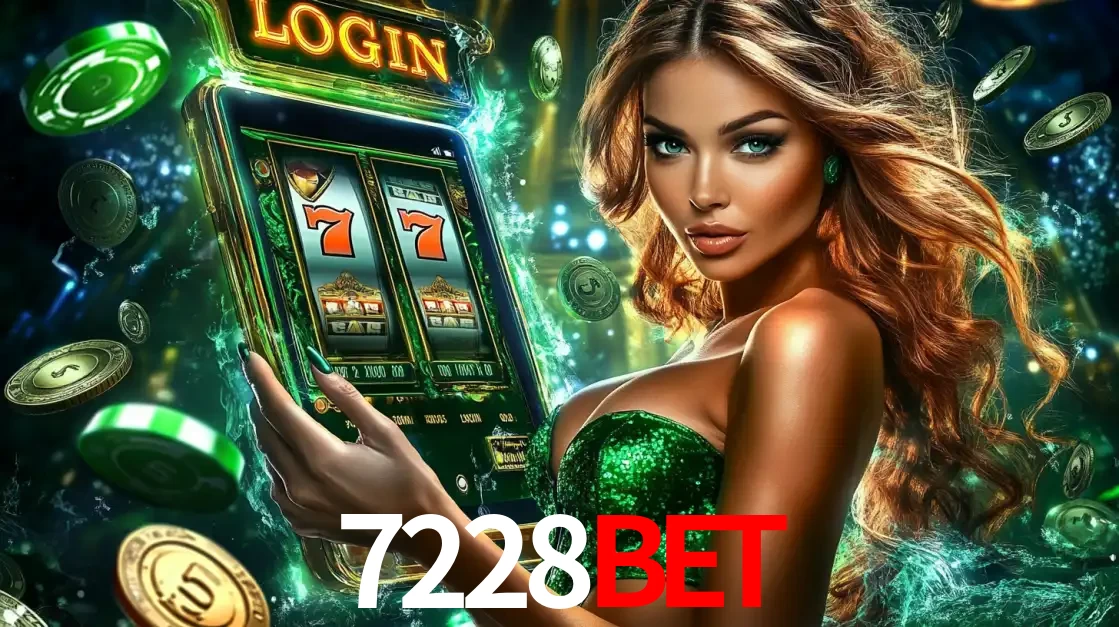 Mulher com tema verde apresentando o aplicativo do cassino 7228bet com um jogo de slot de 777, cercada por fichas de cassino e uma aura de sorte.