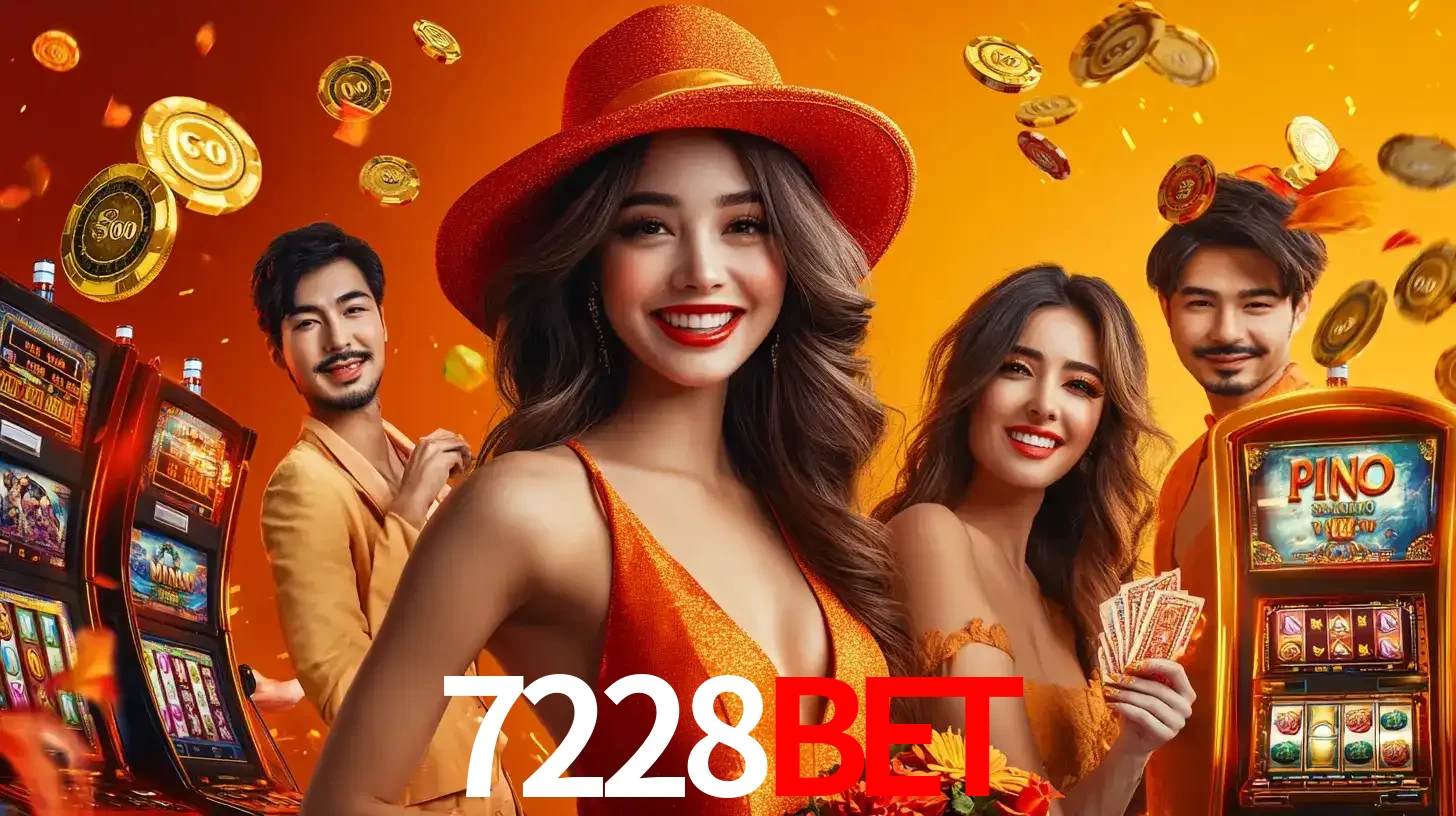 Grupo de amigos asiáticos sorrindo e se divertindo com máquinas de caça-níqueis em um ambiente festivo, celebrando suas vitórias nos jogos de cassino do 7228bet.