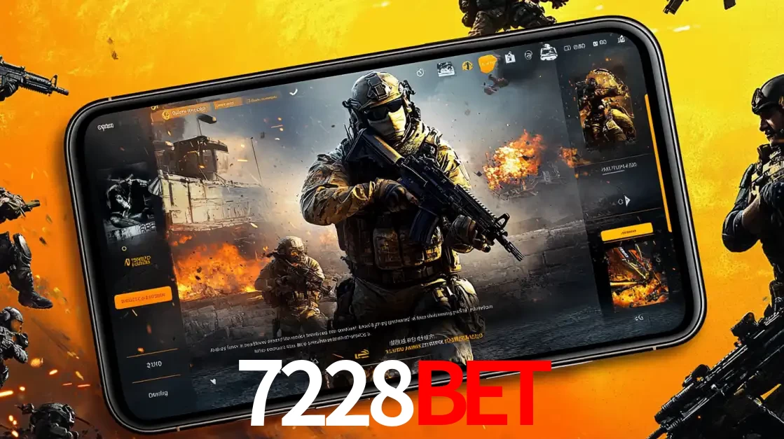 Um smartphone exibindo a interface de um jogo de tiro em primeira pessoa, com um soldado em um cenário de batalha, representando a ação dos e-sports para apostar no 7228bet.