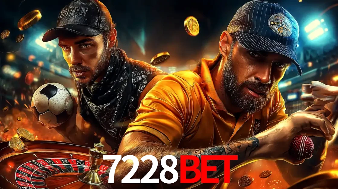 Montagem de apostas esportivas e cassino no 7228bet, com um homem segurando uma bola de futebol e outro uma de beisebol sobre uma roleta e moedas voadoras.
