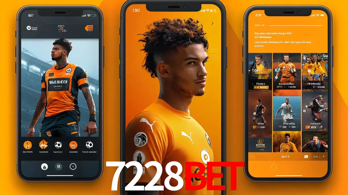 Interface do aplicativo de apostas esportivas 7228bet em três telas de celular, mostrando o perfil de um jogador de futebol e a lista de jogos disponíveis para apostar.