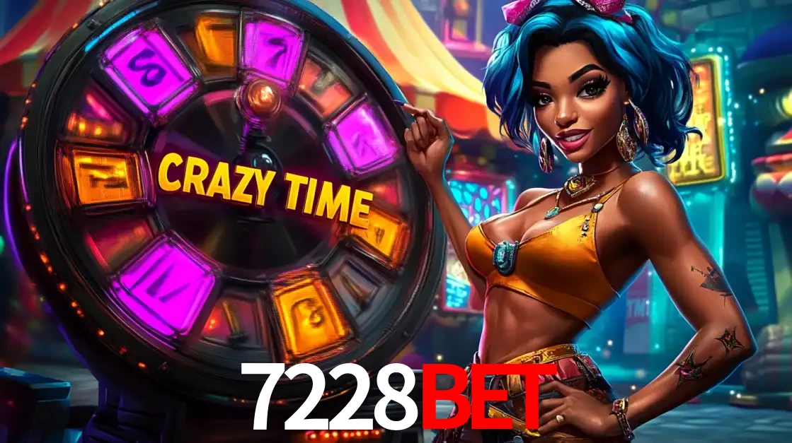 Mulher estilizada com cabelo azul e visual vibrante posando ao lado da roda de prêmios do game show Crazy Time, convidando para a diversão e os bônus do cassino 7228bet.