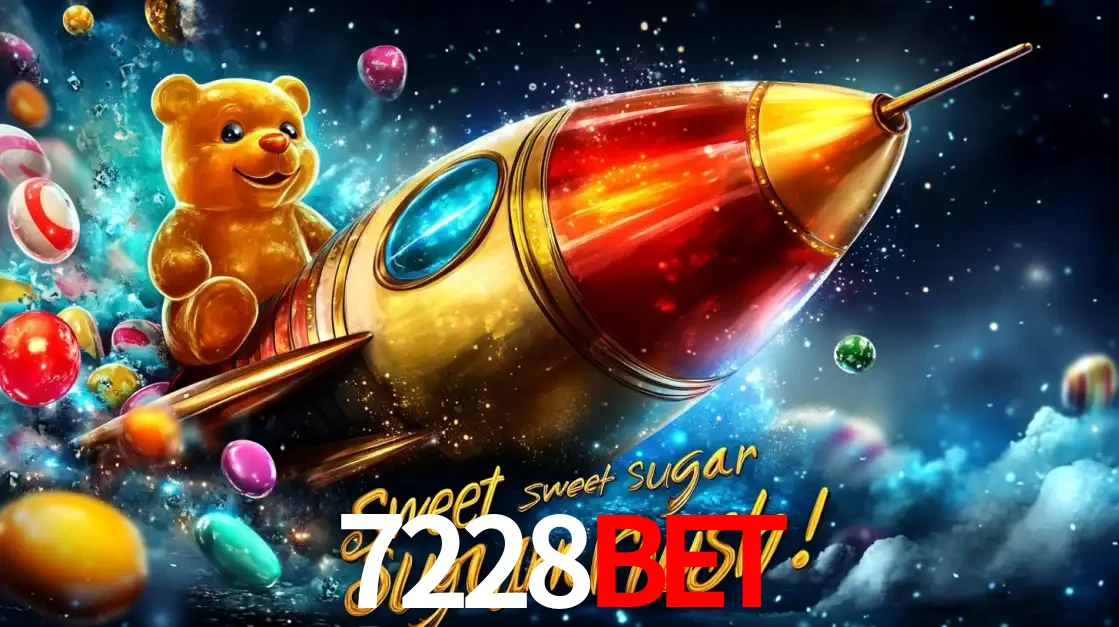 Arte promocional do jogo de slot Sugar Rush, com um urso de pelúcia em um foguete viajando pelo espaço de doces, um dos jogos divertidos disponíveis no cassino 7228bet.