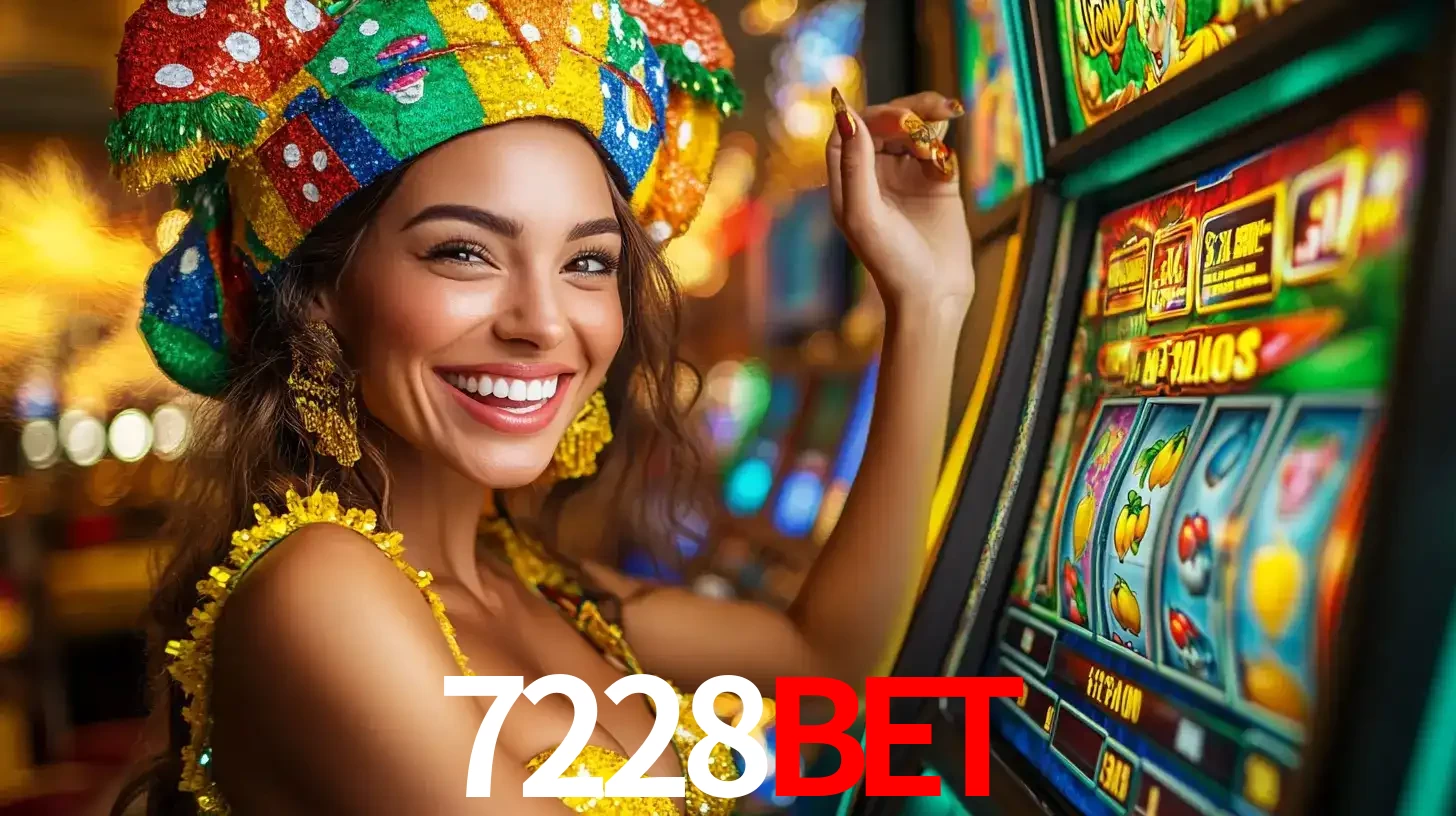Mulher feliz com traje de carnaval amarelo e colorido ao lado de uma máquina de caça-níqueis, aproveitando a diversão e os jogos temáticos do cassino 7228bet.