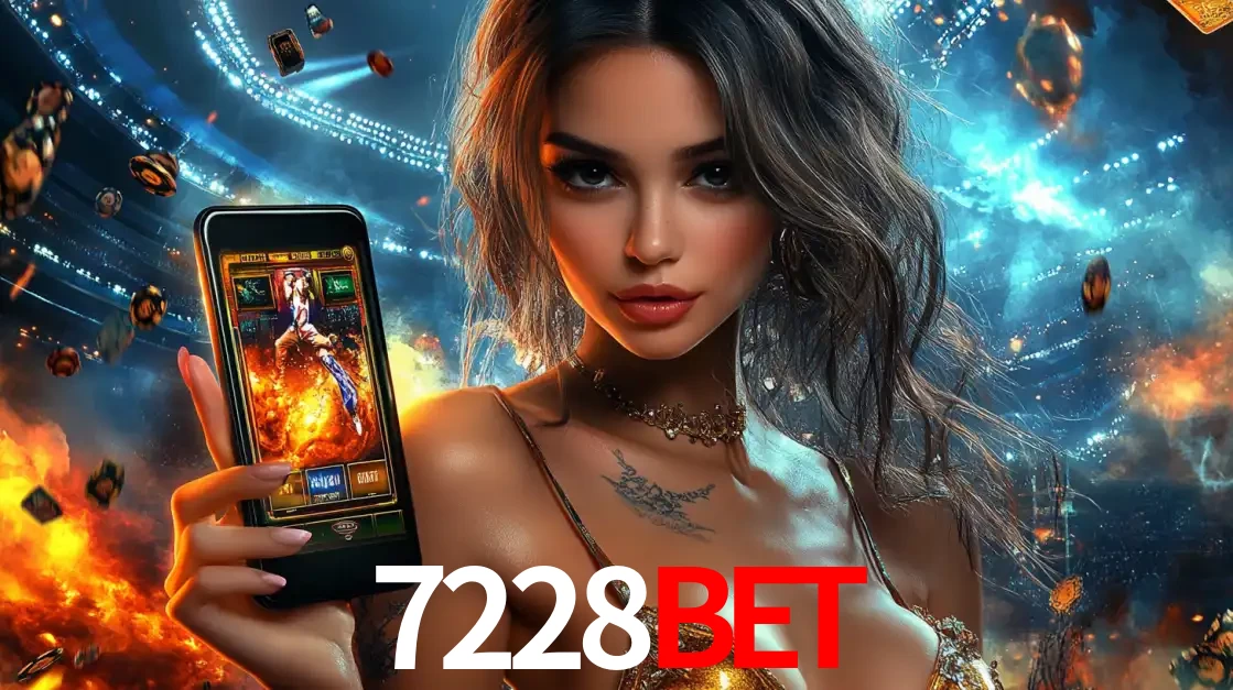 Mulher segurando um celular com um jogo de slot em destaque, tendo como fundo um estádio vibrante, simbolizando a emoção de jogar no cassino móvel 7228bet.