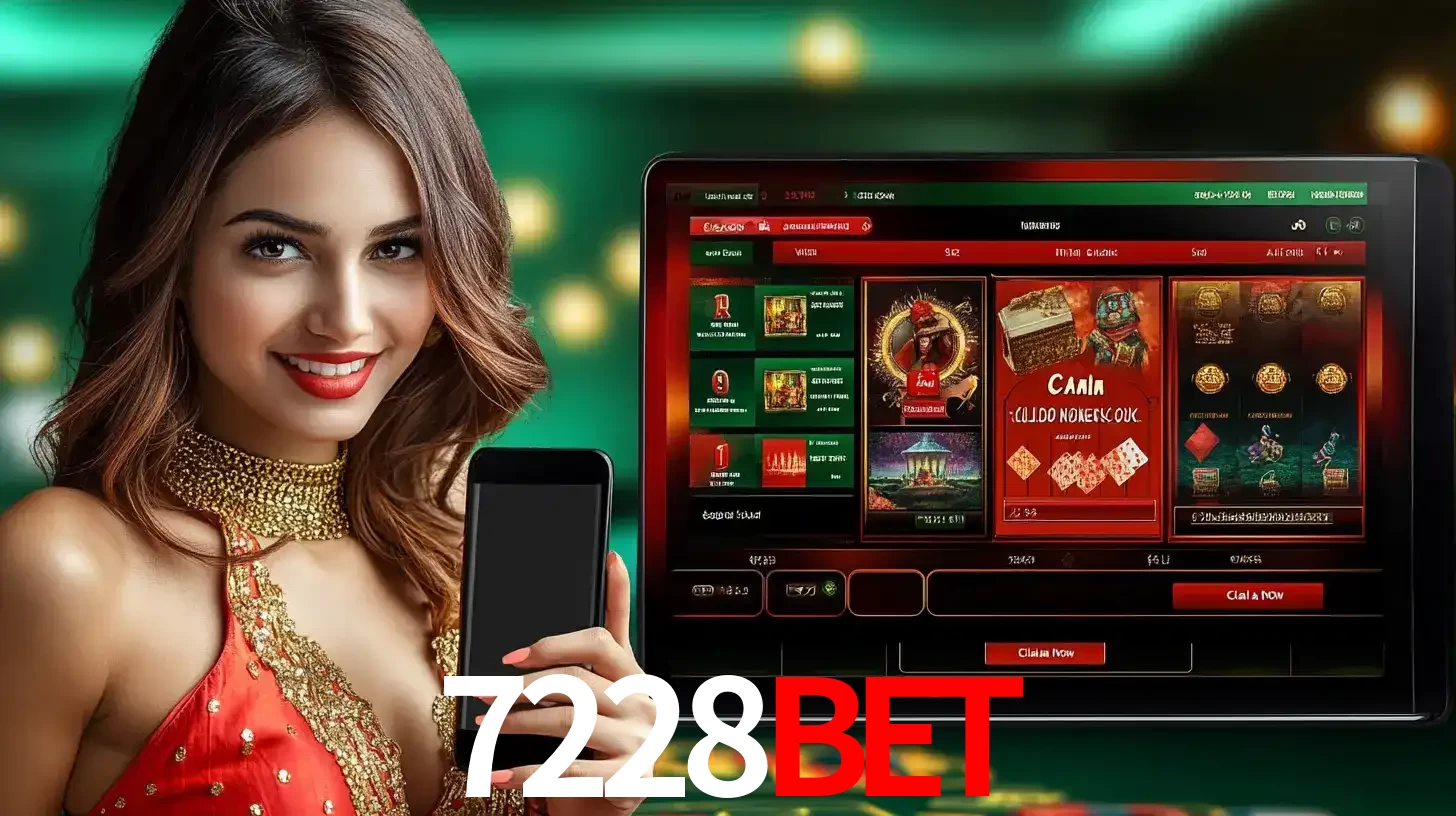 Mulher sorridente segurando um smartphone, ao lado de uma tela exibindo o lobby de jogos do cassino online 7228bet, com várias opções de jogos de cartas e slots.